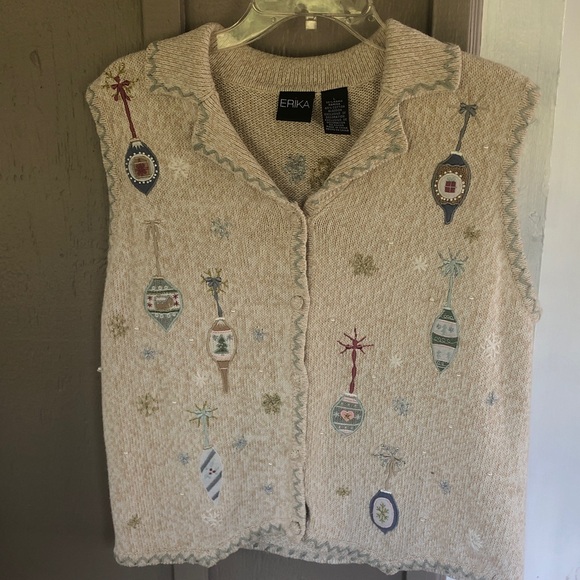 Vintage Erika Beige Christmas Ornament Snowflake Embroidered Sweater Vest Size L - Picture 1 of 11